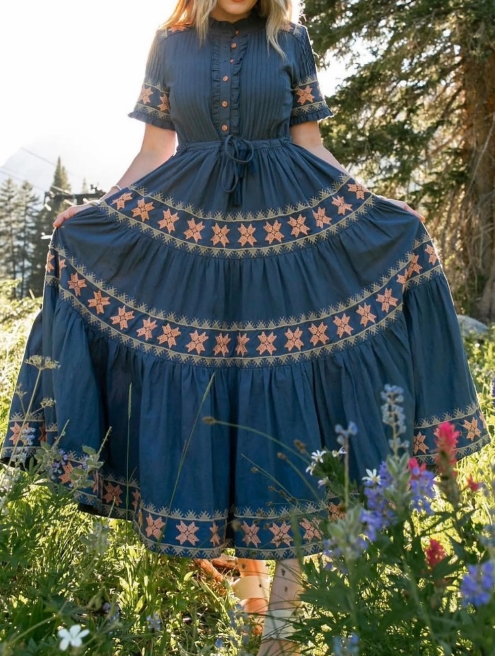 Ivy City Co Navy Blue Tiered Maxi Dress with Peach Embroidery